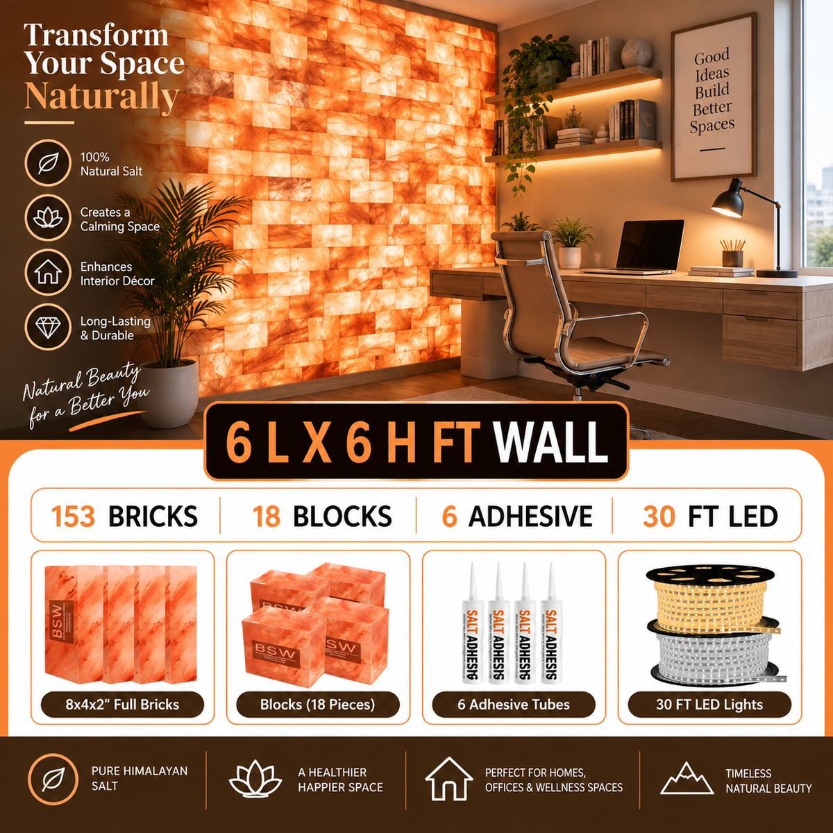 Backlit Himalayan Salt Wall Kit – 6 ft × 6 ft (36 sq ft)