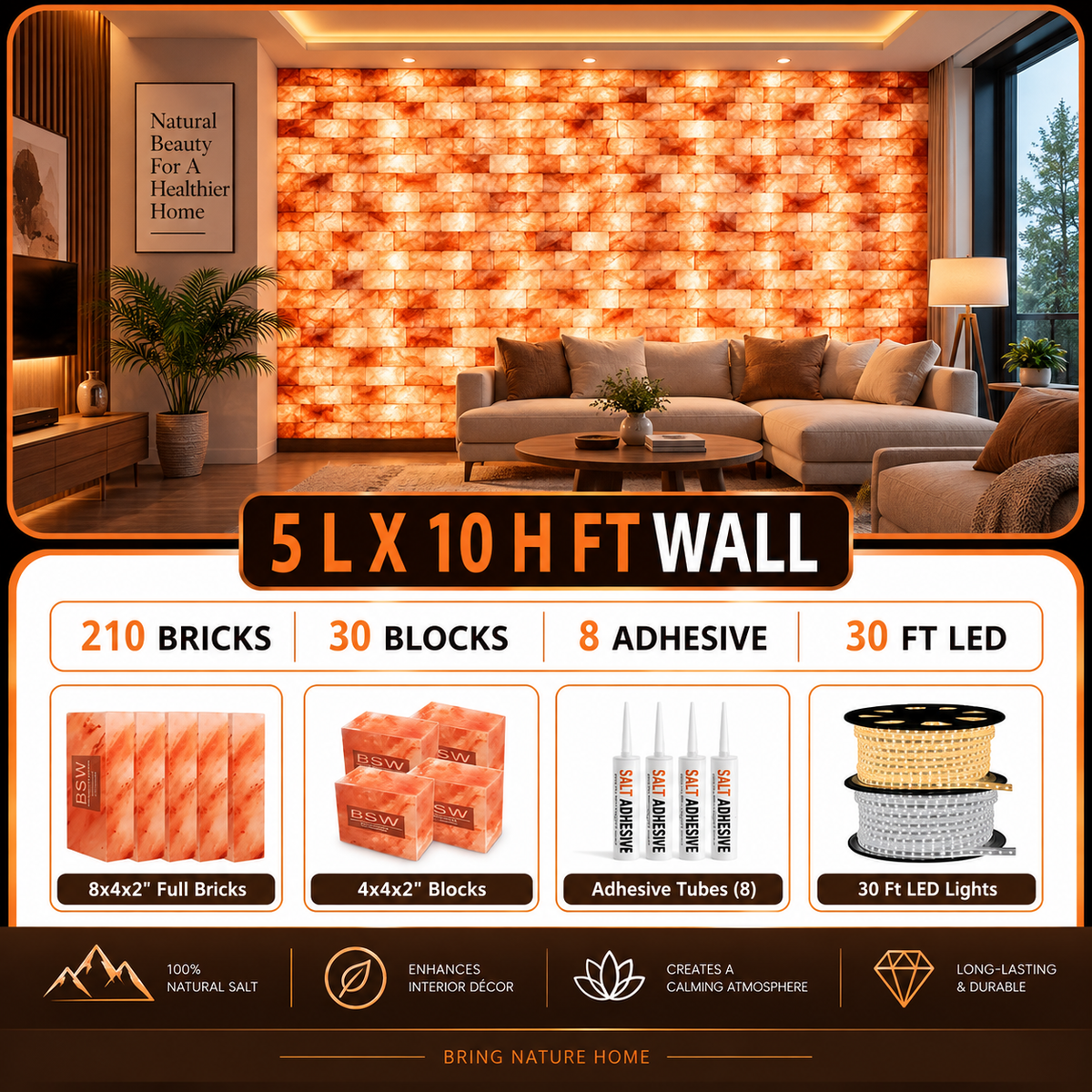 Backlit Himalayan Salt Wall Kit – 5 ft × 10 ft (50 sq ft)