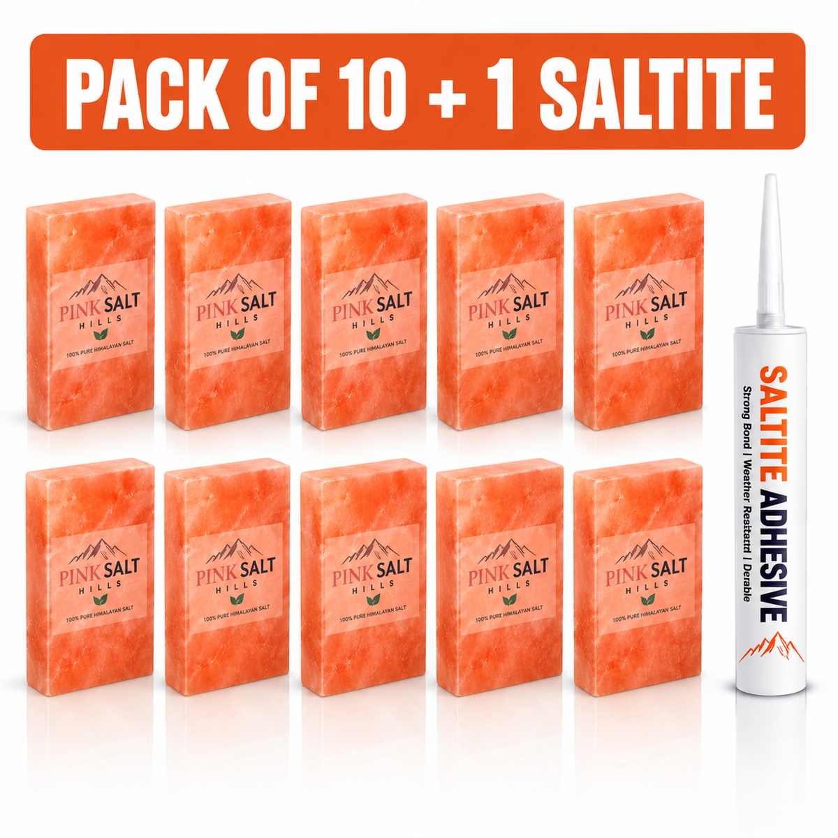 Himalayan Pink Salt Tiles – 8 × 4 × 1 in, Pack of 10 with 1 Adhesive