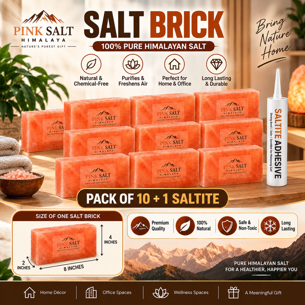 Himalayan Pink Salt Wall Bricks – 8 × 4 × 2 in, Pack of 10 with 1 Adhesive