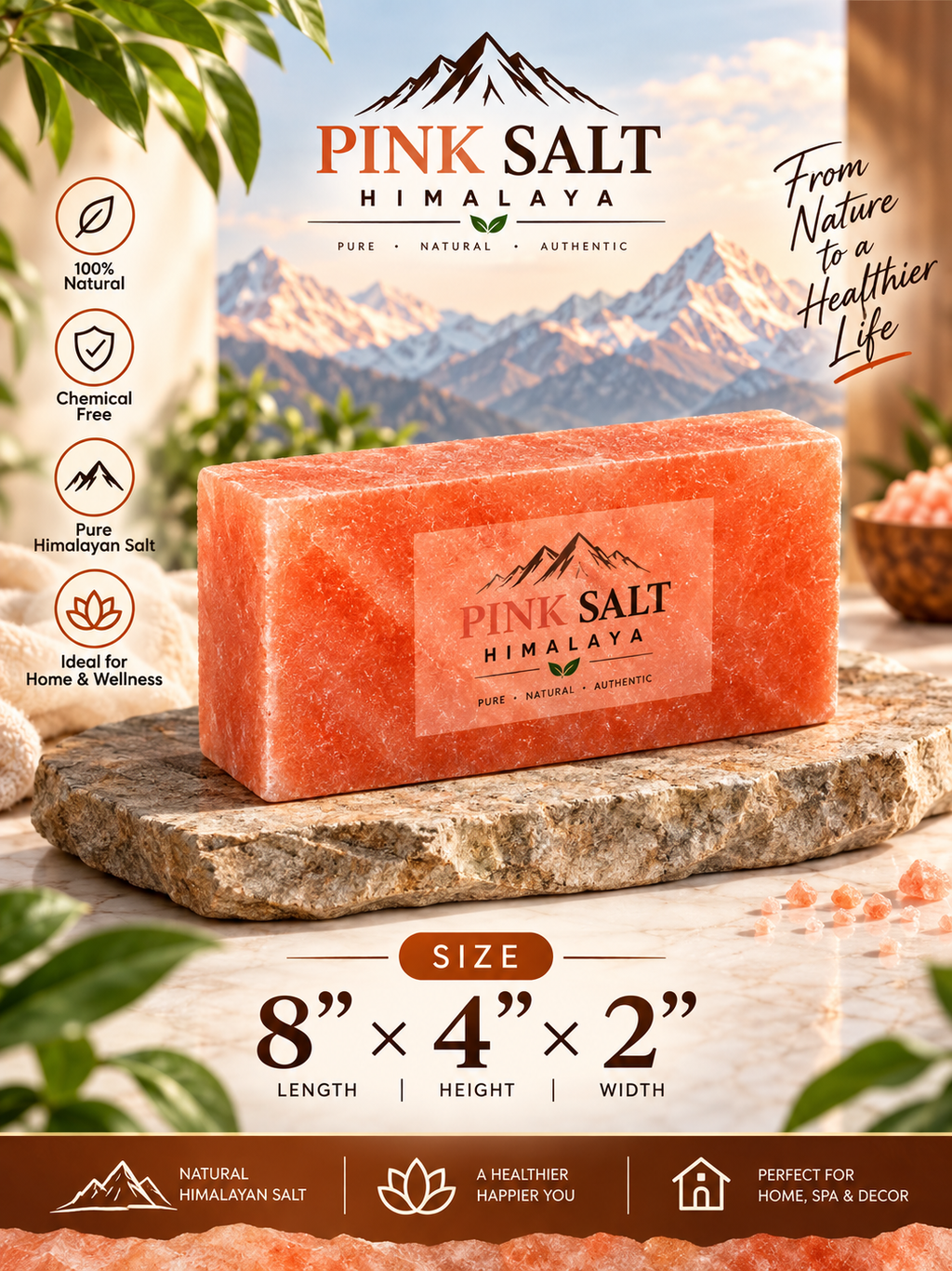 Himalayan Pink Salt Wall Bricks – 8 × 4 × 2 in, Pack of 70