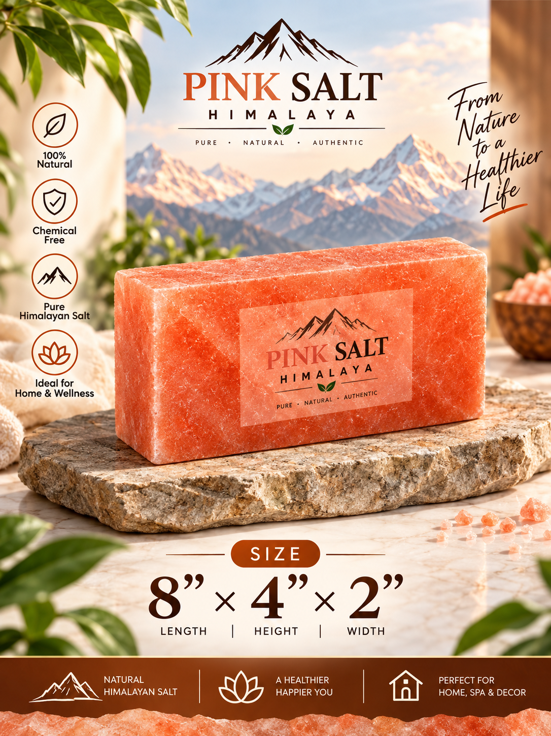 Himalayan Pink Salt Wall Bricks – 8 × 4 × 2 in, Pack of 10