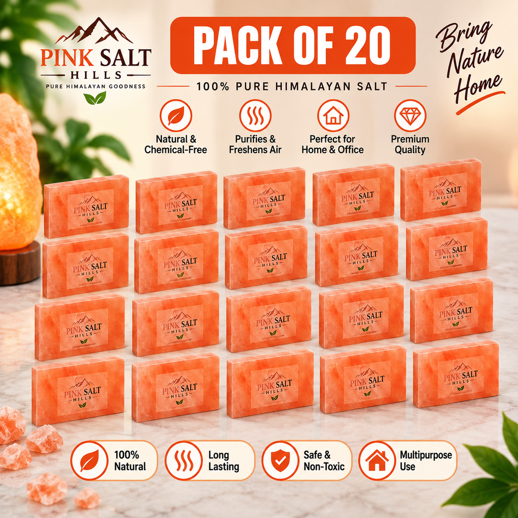 Himalayan Pink Salt Tiles – 8 × 4 × 1 in, Pack of 20 with 1 Adhesive