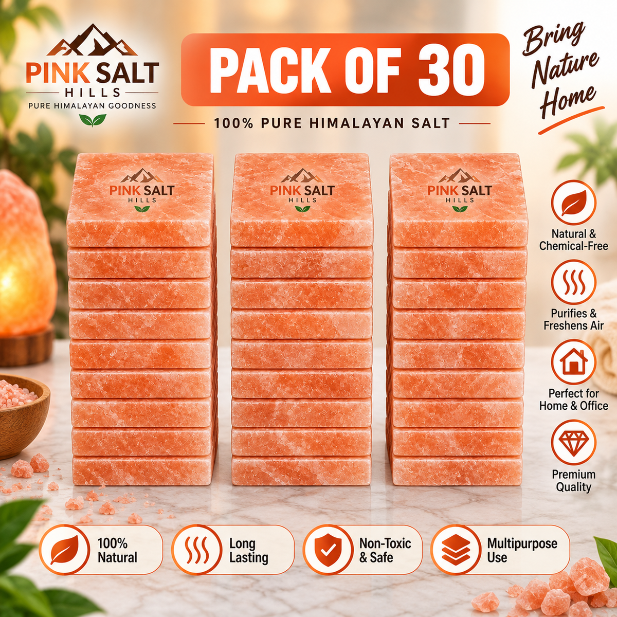 Himalayan Pink Salt Tiles – 8 × 4 × 1 in, Pack of 30 with 1 Adhesive