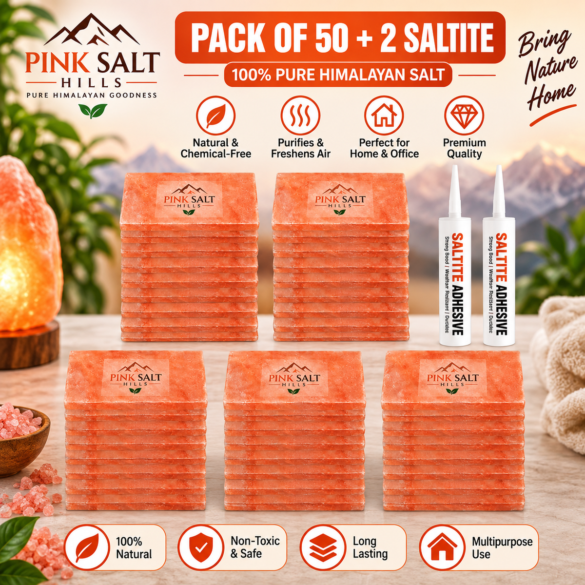 Himalayan Pink Salt Tiles – 8 × 4 × 1 in, Pack of 50 with 2 Adhesives
