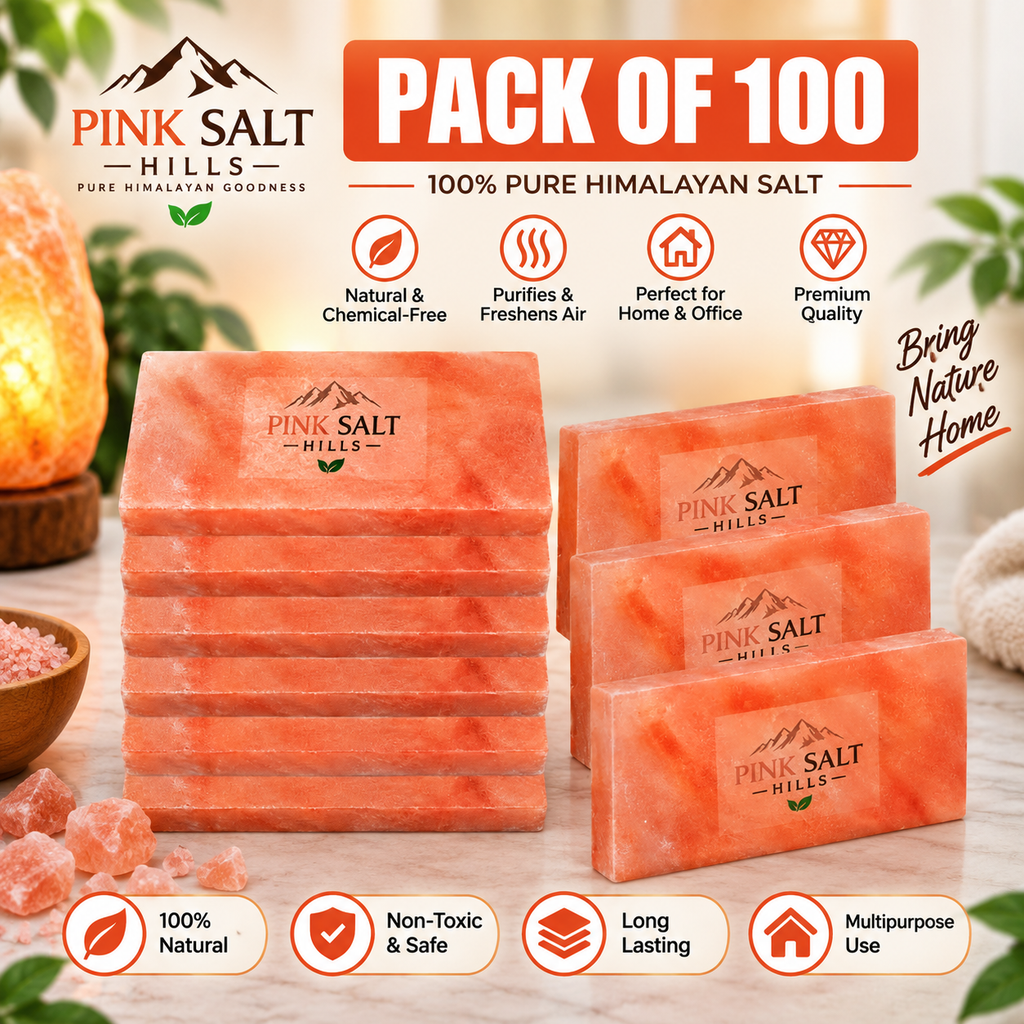 Himalayan Pink Salt Tiles – 8 × 4 × 1 in, Pack of 100 with 3 Adhesives
