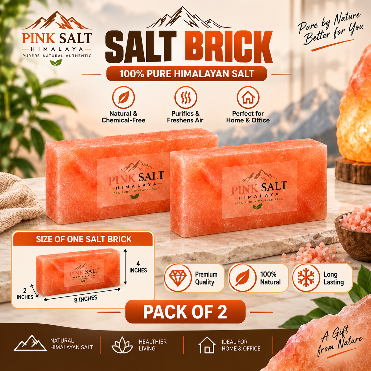 Himalayan Pink Salt Wall Bricks – 8 × 4 × 2 in, Pack of 2