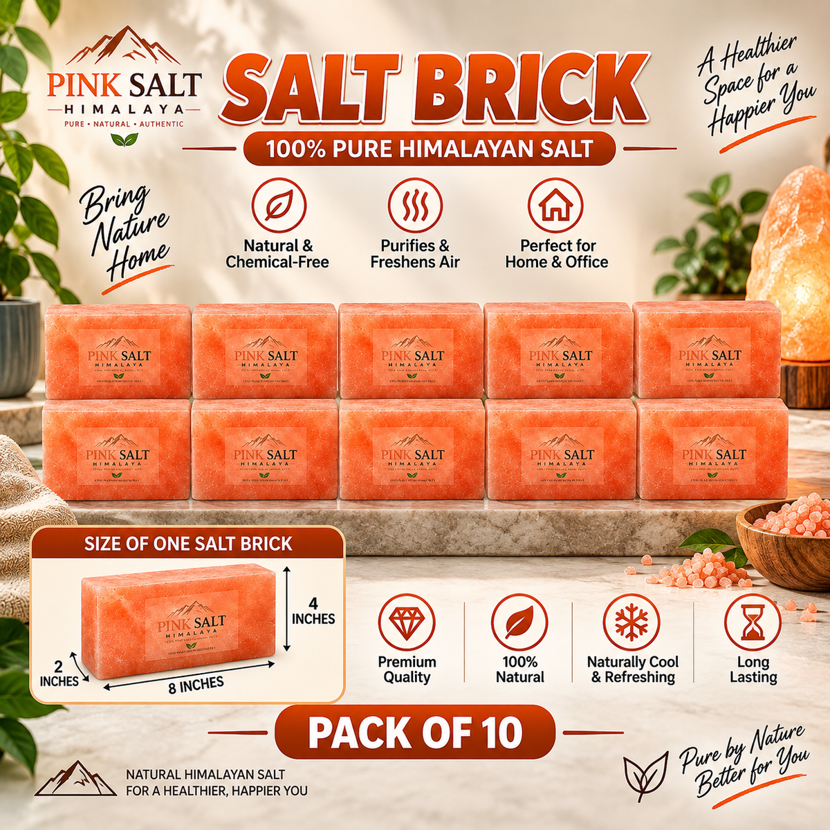 Himalayan Pink Salt Wall Bricks – 8 × 4 × 2 in, Pack of 10