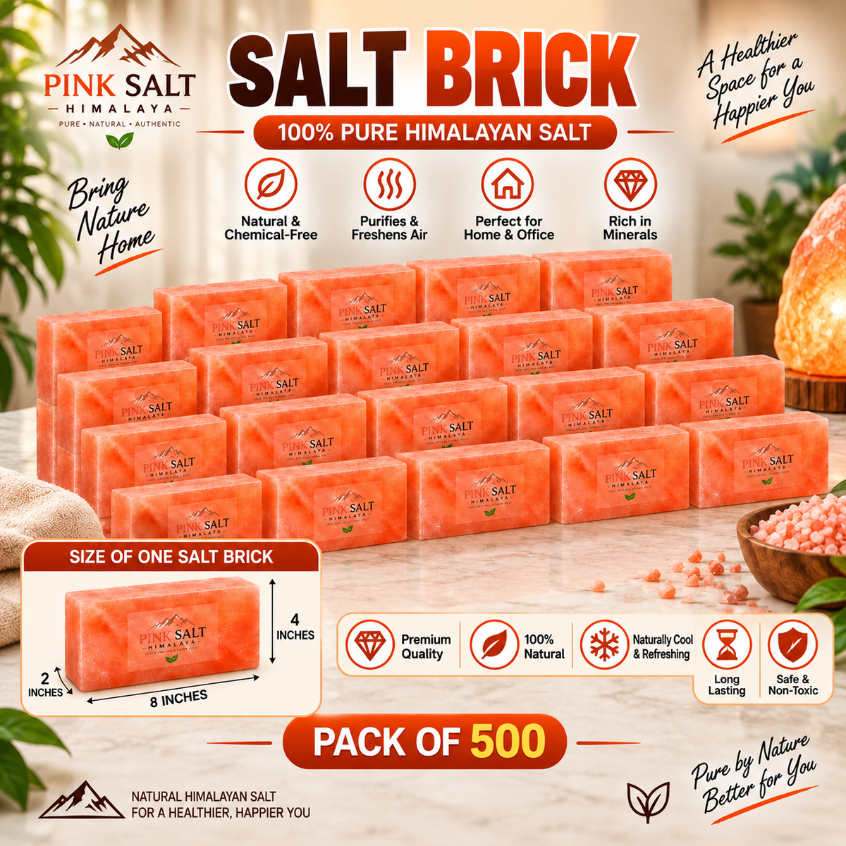 Himalayan Pink Salt Wall Bricks – 8 × 4 × 2 in, Pack of 500