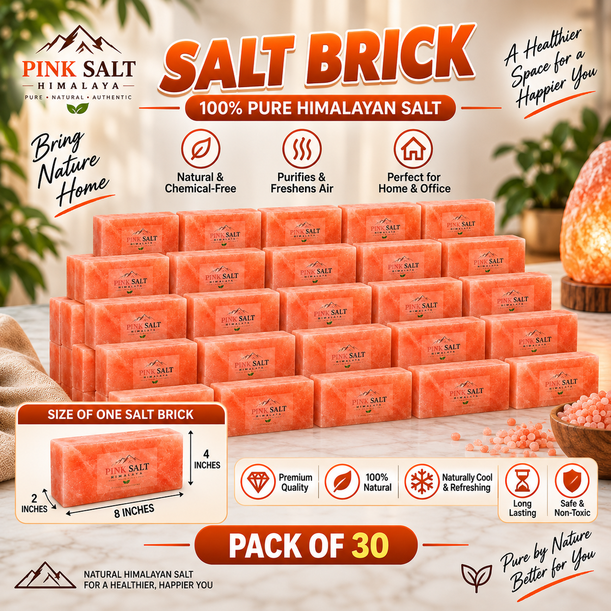 Himalayan Pink Salt Wall Bricks – 8 × 4 × 2 in, Pack of 30