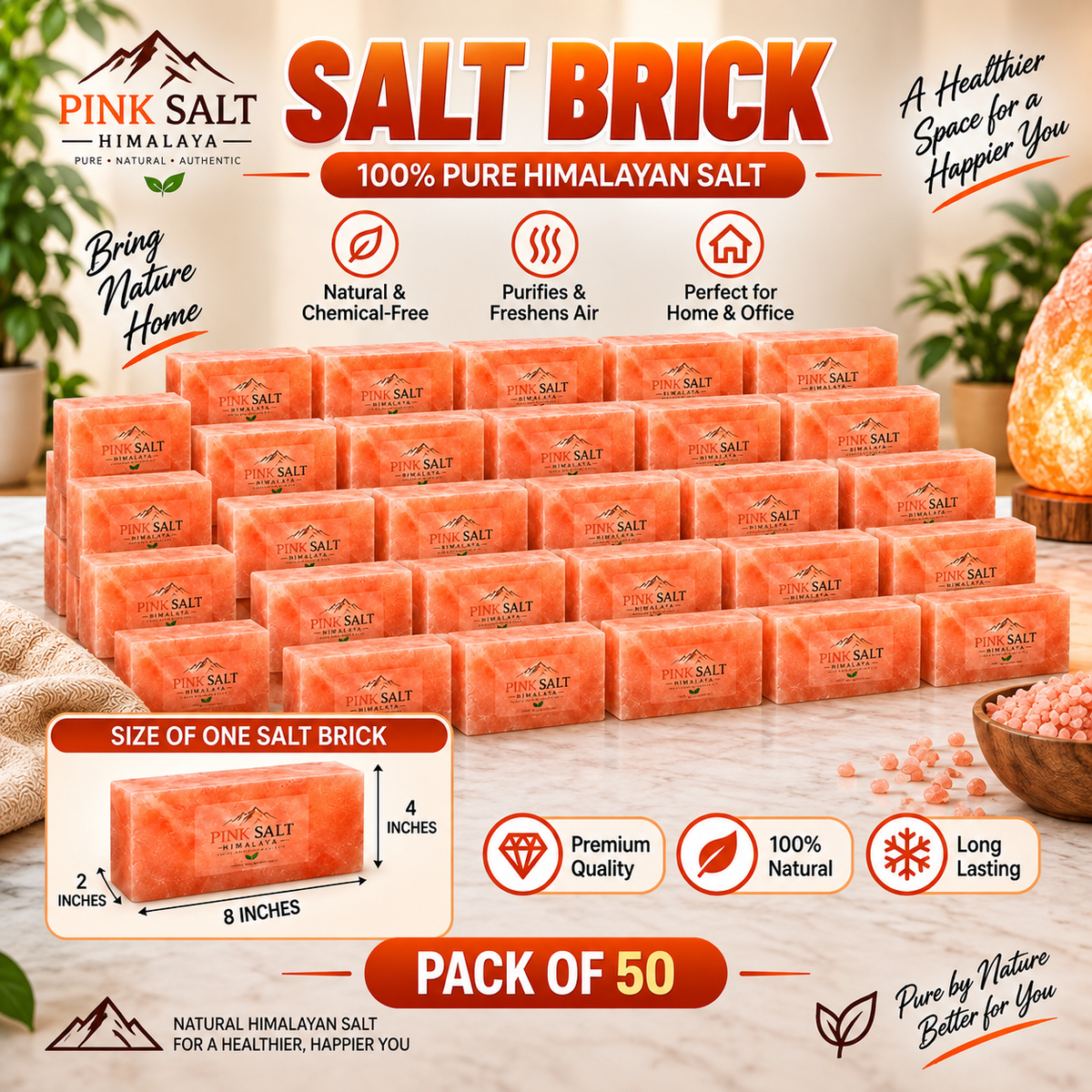 Himalayan Pink Salt Wall Bricks – 8 × 4 × 2 in, Pack of 50