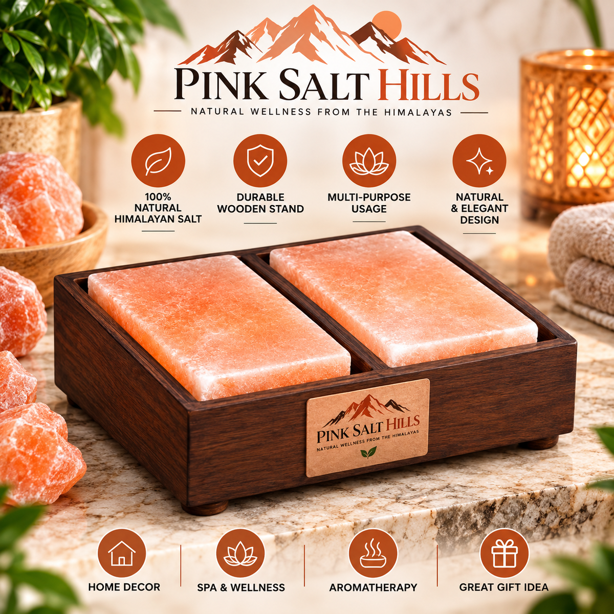 Himalayan Salt Foot Block Set with Handcrafted Wooden Holder