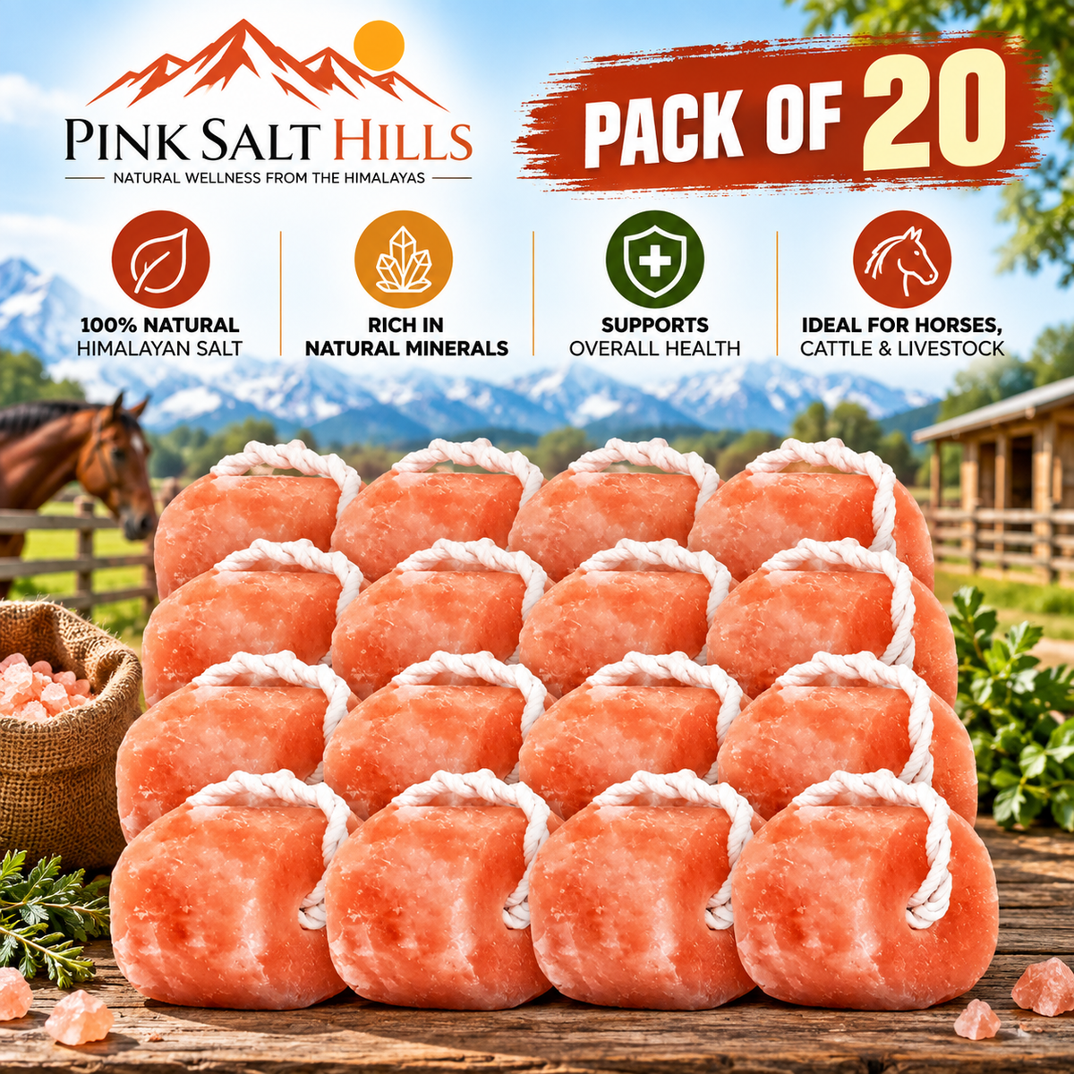 Himalayan Salt Lick Blocks for Horses & Livestock – Pack of 20 (4 lb each)