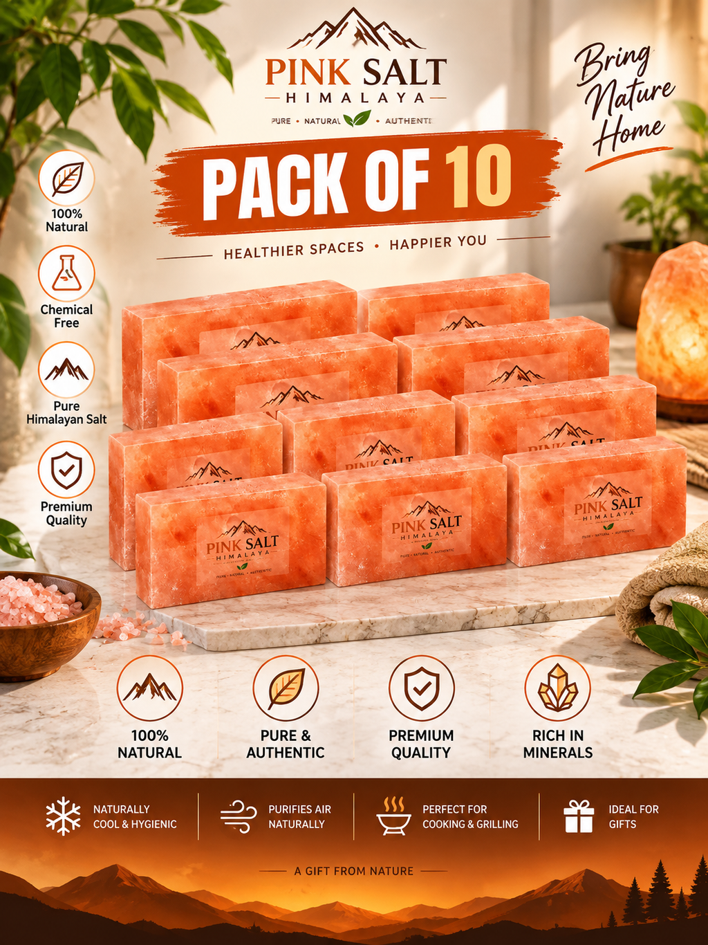 Himalayan Pink Salt Wall Bricks – 8 × 4 × 2 in, Pack of 10 with 1 Adhesive