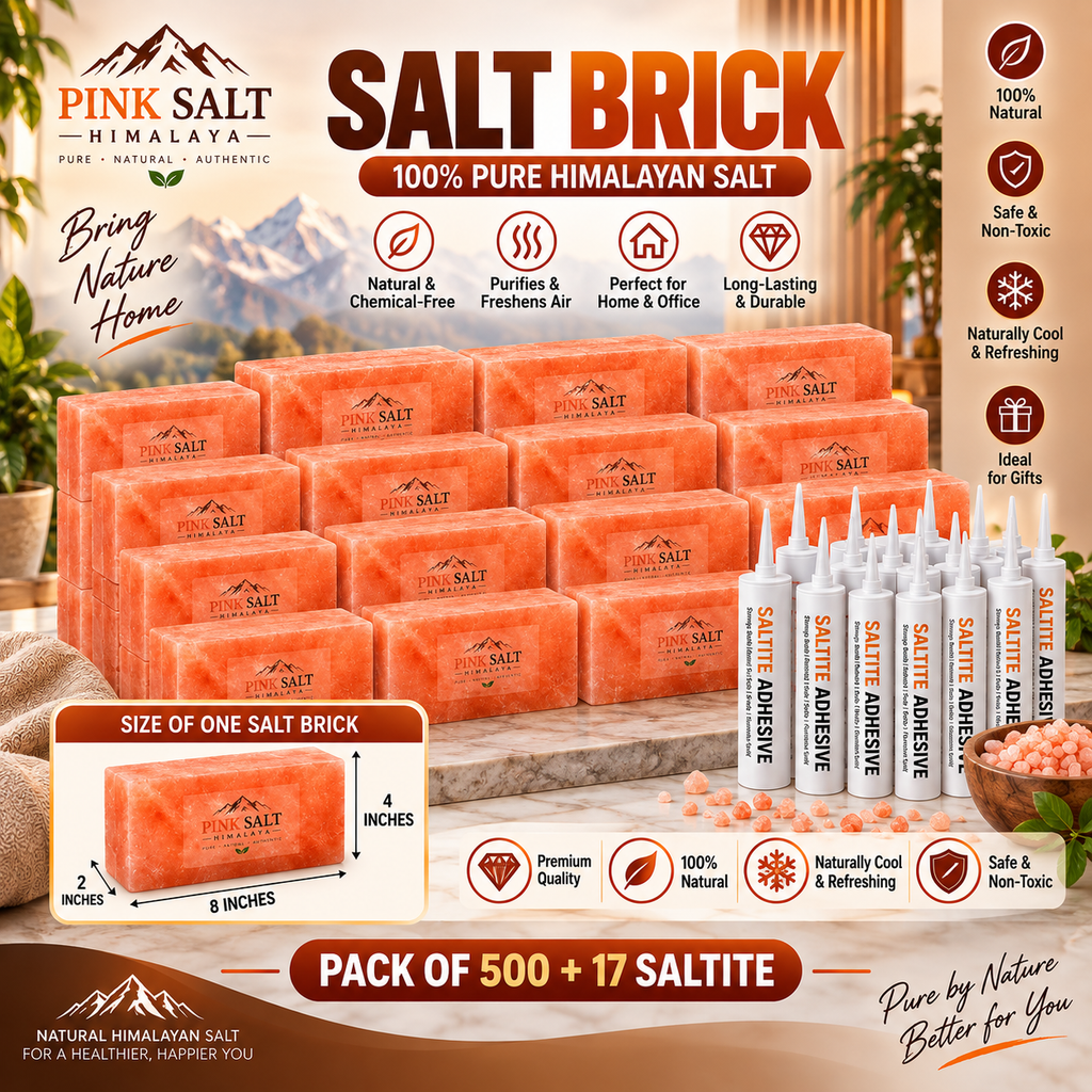 Himalayan Pink Salt Wall Bricks – 8 × 4 × 2 in, Pack of 500 with 17 Adhesives