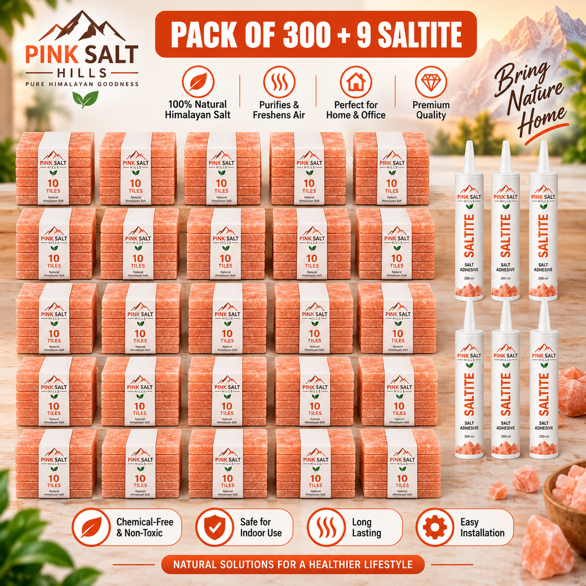 Himalayan Pink Salt Tiles – 8 × 4 × 1 in, Pack of 300 with 9 Adhesives