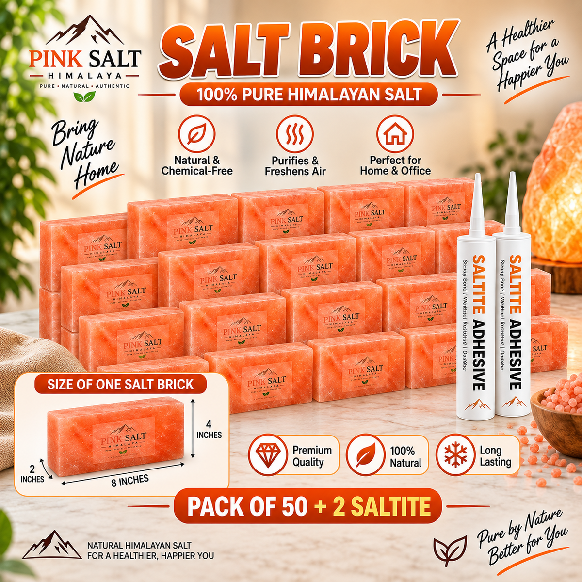 Himalayan Pink Salt Wall Bricks – 8 × 4 × 2 in, Pack of 50 with 2 Adhesives