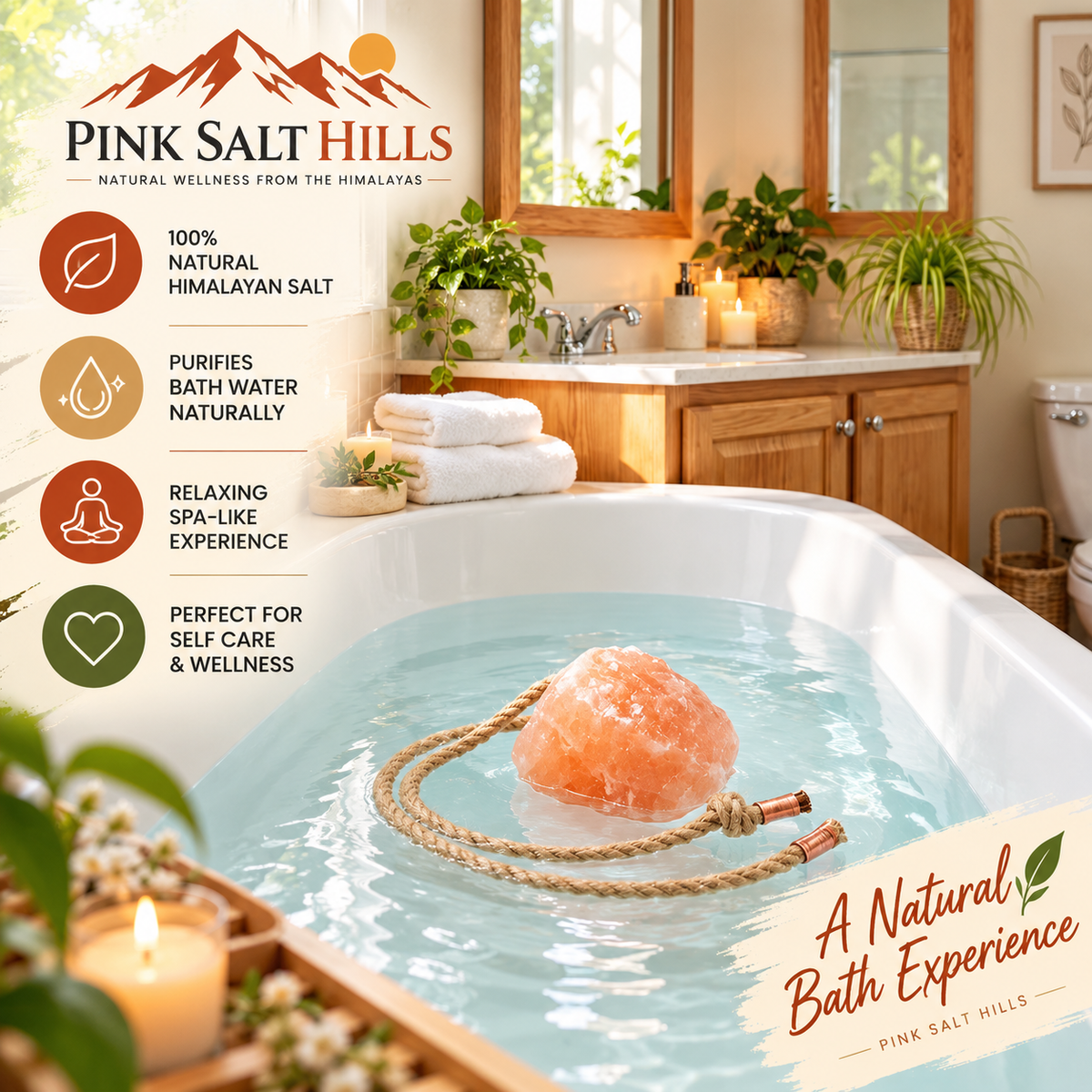 Himalayan Pink Salt Bath & Shower Rock with Rope – 2.5 lb