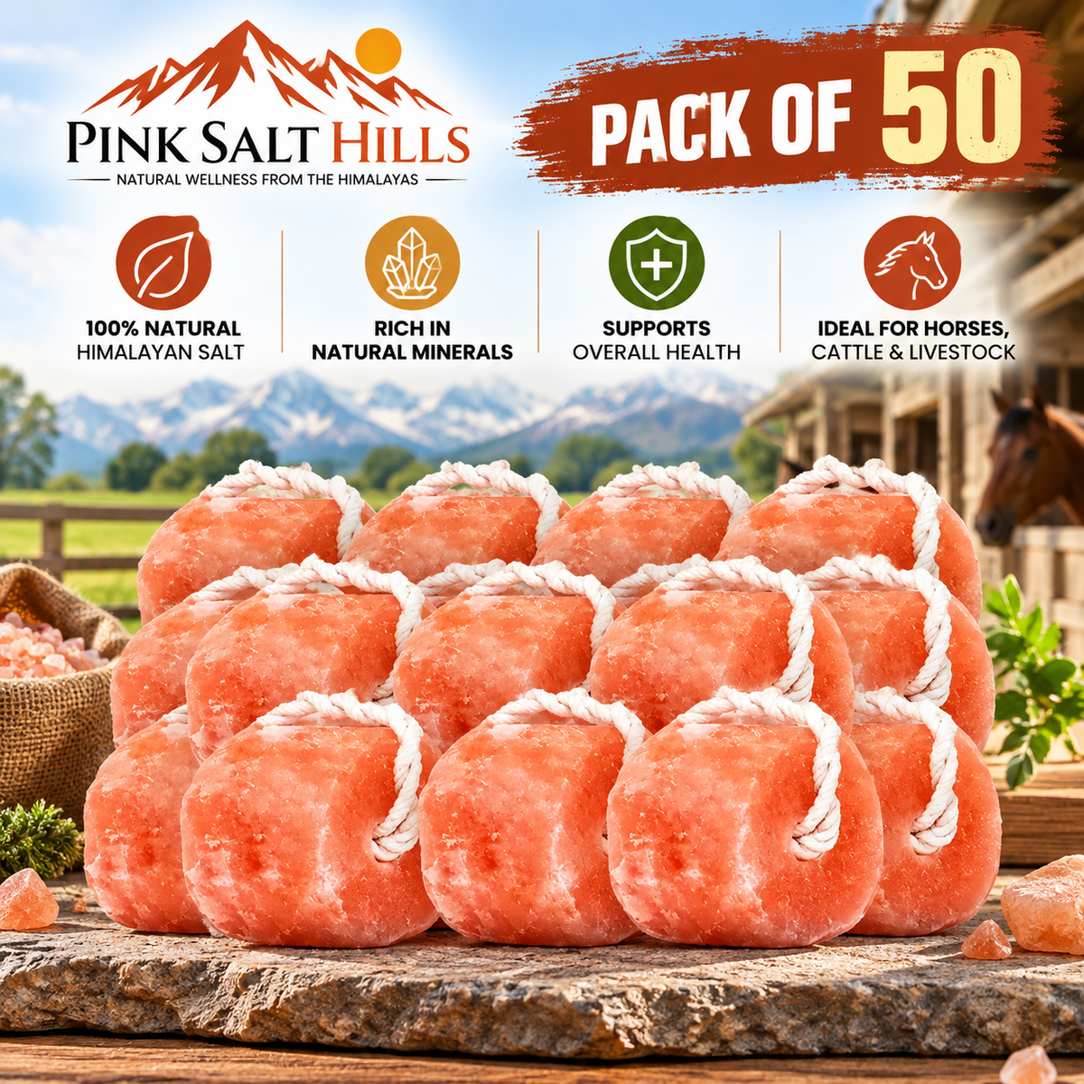Himalayan Salt Lick Blocks for Horses & Livestock – Pack of 50 (4 lb each)