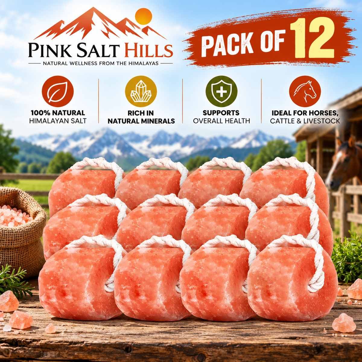 Himalayan Salt Lick Blocks for Horses & Livestock – Pack of 12 (4 lb each)