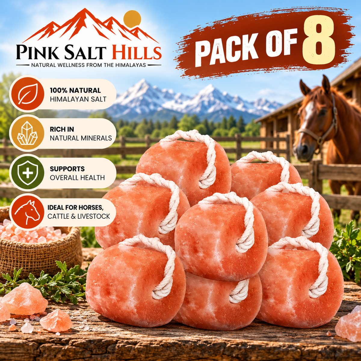 Himalayan Salt Lick Blocks for Horses & Livestock – Pack of 8 (4 lb each)