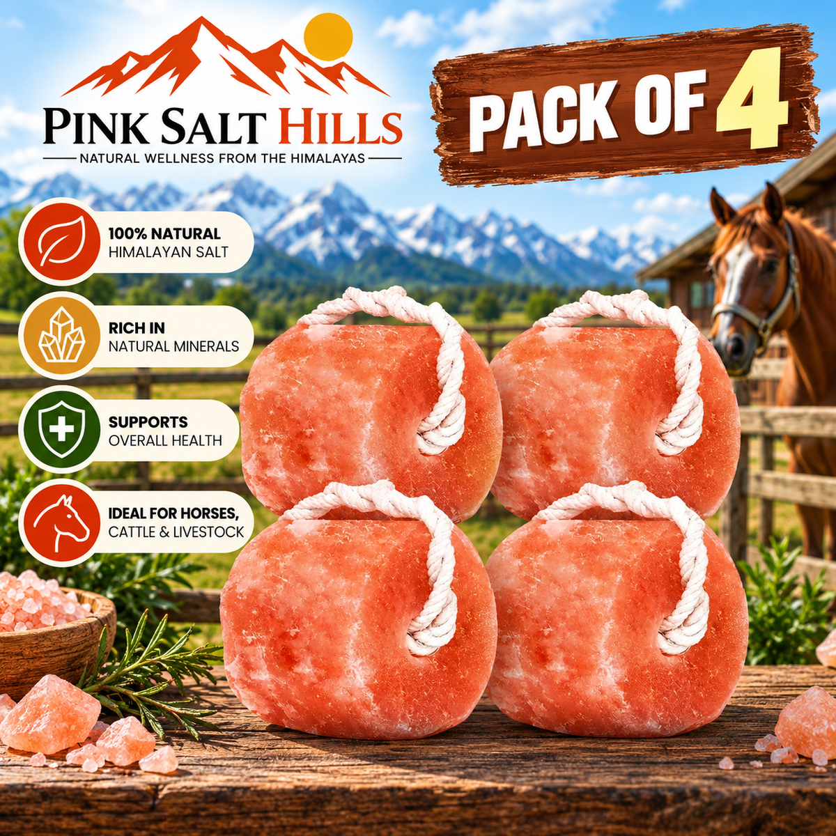 Himalayan Salt Lick Blocks for Horses & Livestock – Pack of 4 (4 lb each)