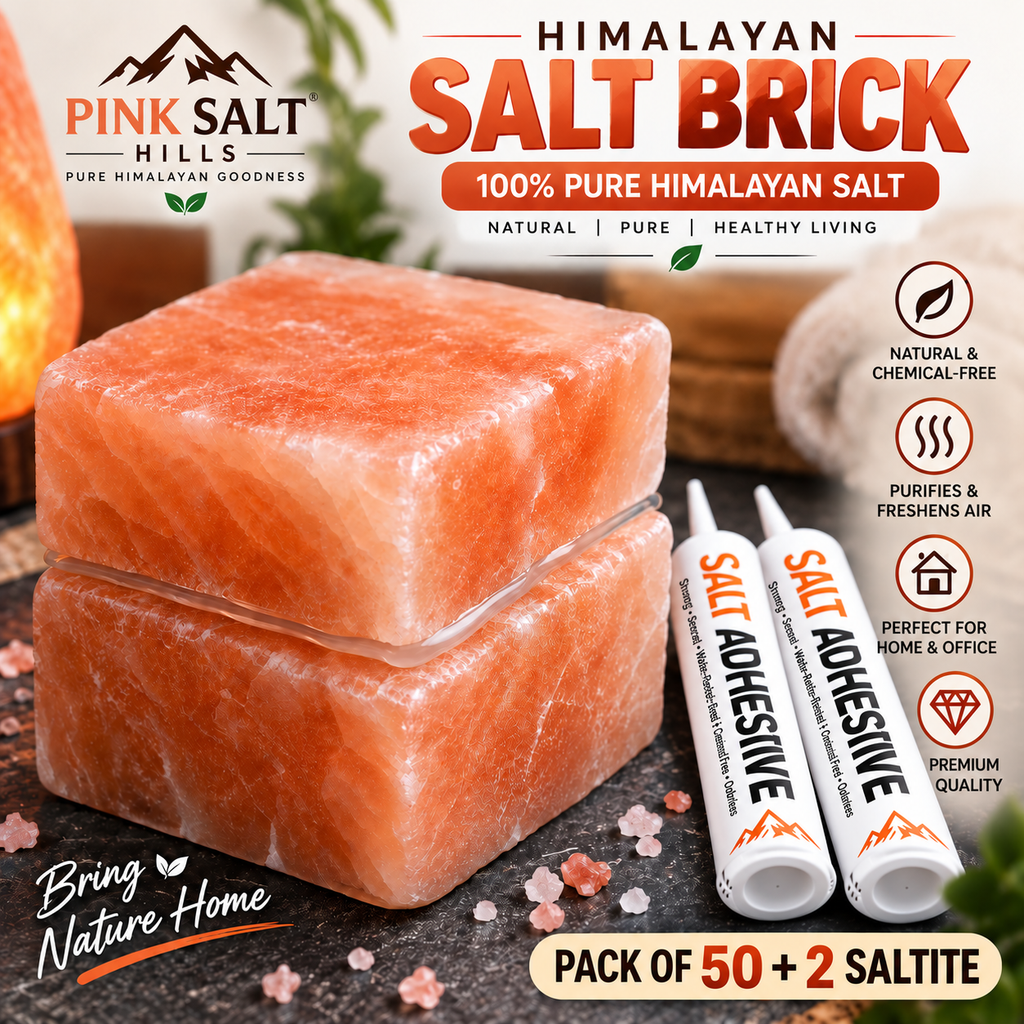 Himalayan Pink Salt Tiles – 8 × 4 × 1 in, Pack of 50 with 2 Adhesives