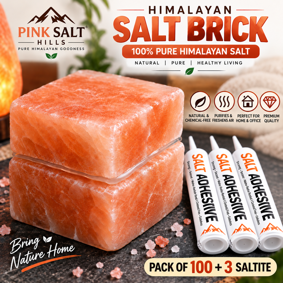 Himalayan Pink Salt Tiles – 8 × 4 × 1 in, Pack of 100 with 3 Adhesives